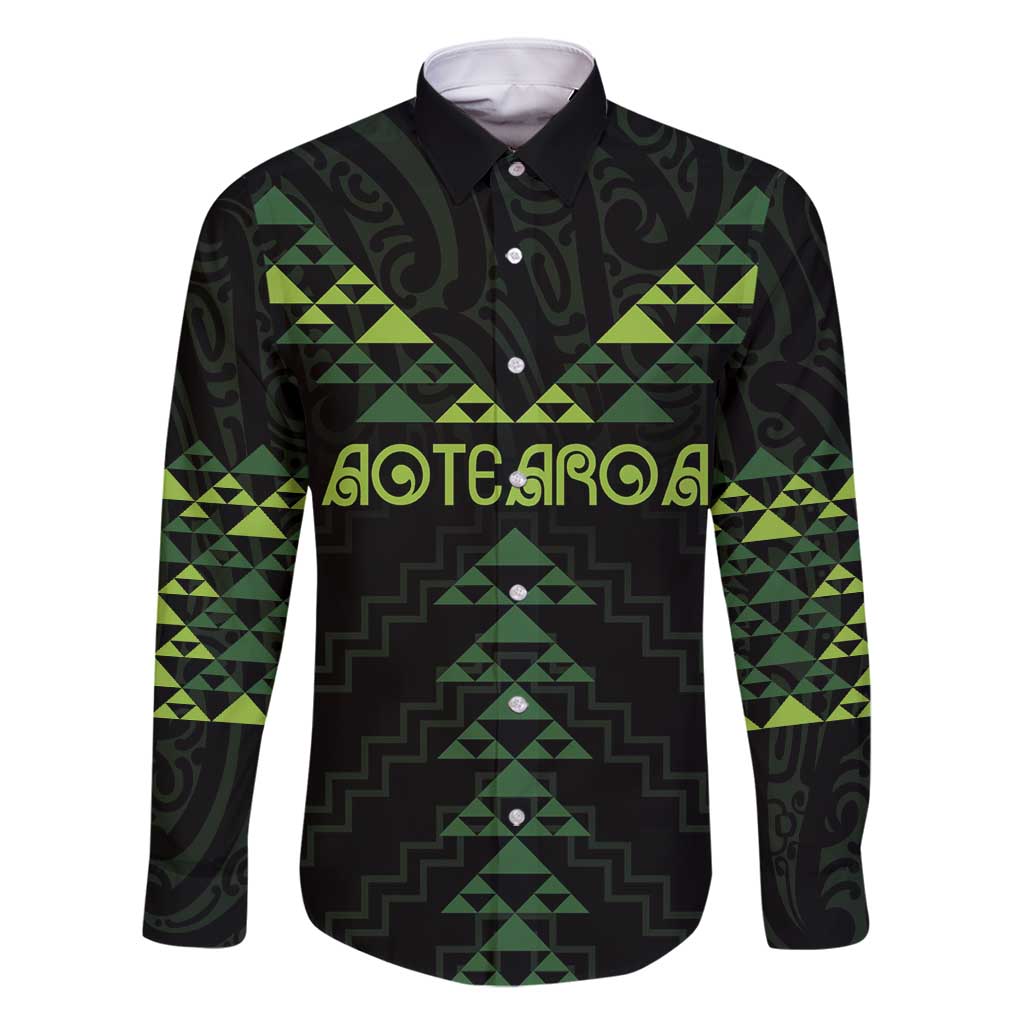 Custom New Zealand Maori Koru Koiri Motif Family Matching Off Shoulder Maxi Dress and Hawaiian Shirt LT9 Dad's Shirt - Long Sleeve Green - Polynesian Pride