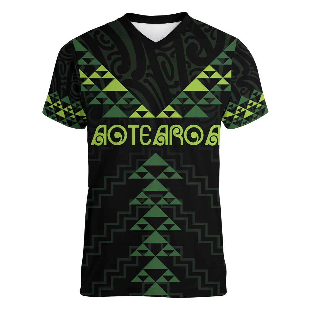 Custom New Zealand Maori Koru Koiri Motif Women V-Neck T-Shirt LT9 Female Green - Polynesian Pride