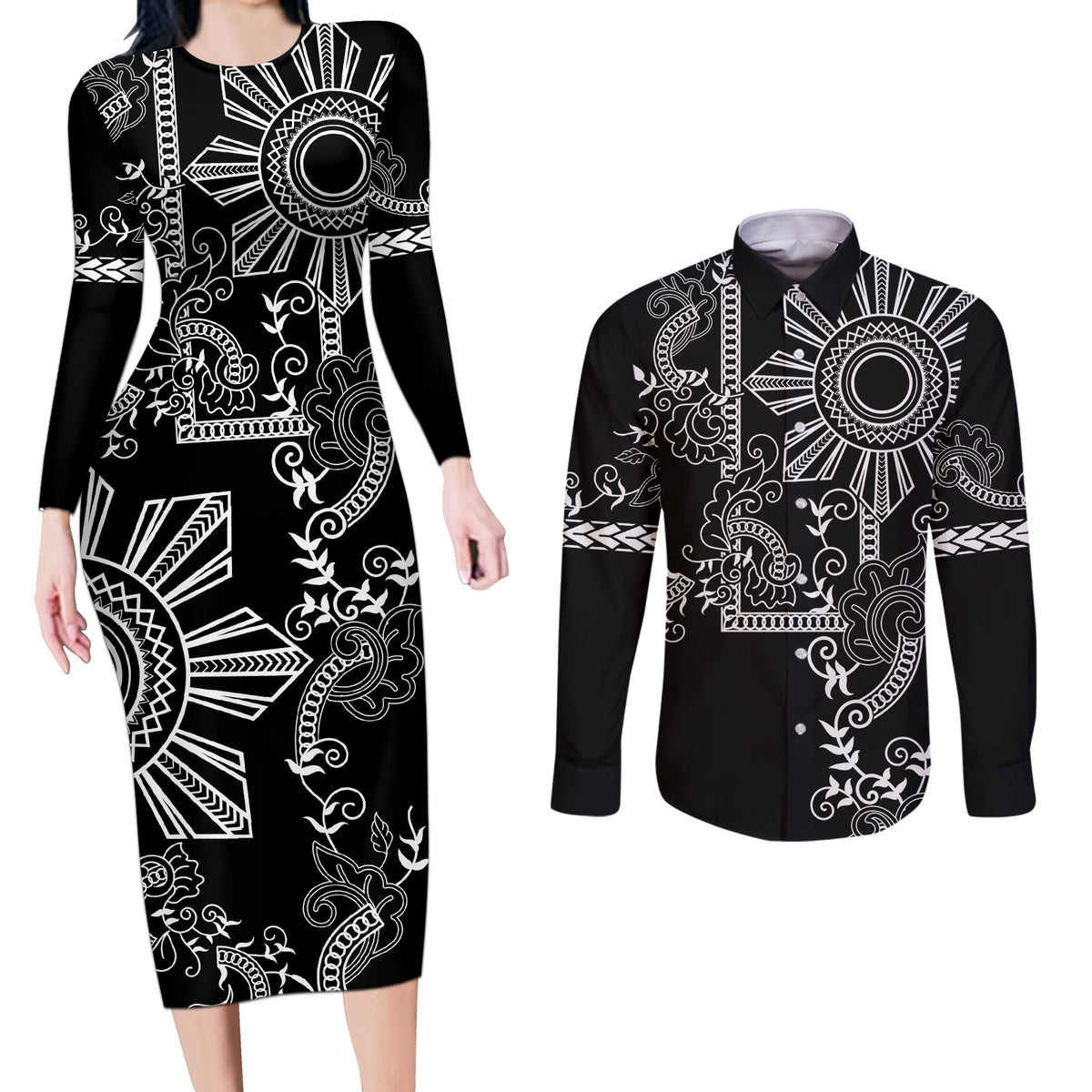 Filipino Sun Tribal Tattoo Couples Matching Long Sleeve Bodycon Dress and Long Sleeve Button Shirt Philippines Inspired Barong Simple Black LT9 Black - Polynesian Pride