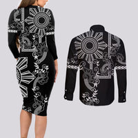 Filipino Sun Tribal Tattoo Couples Matching Long Sleeve Bodycon Dress and Long Sleeve Button Shirt Philippines Inspired Barong Simple Black LT9 - Polynesian Pride