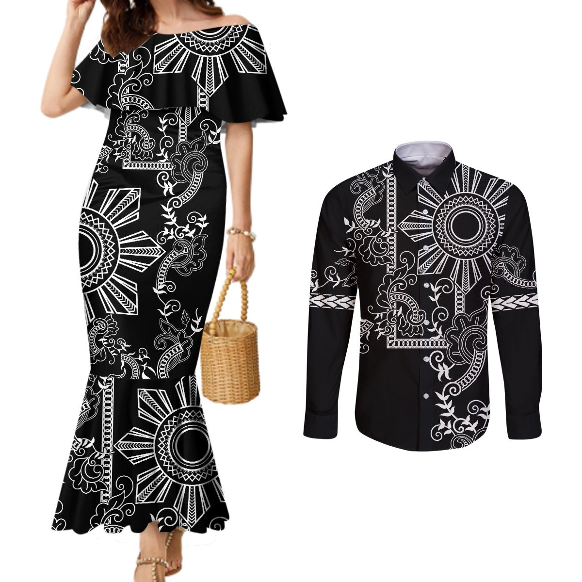 Filipino Sun Tribal Tattoo Couples Matching Mermaid Dress and Long Sleeve Button Shirt Philippines Inspired Barong Simple Black