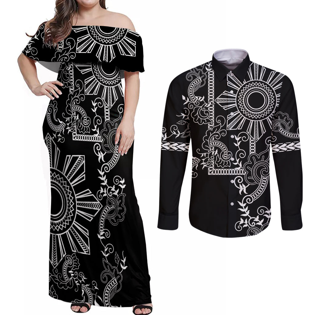 Filipino Sun Tribal Tattoo Couples Matching Off Shoulder Maxi Dress and Long Sleeve Button Shirt Philippines Inspired Barong Simple Black LT9 Black - Polynesian Pride