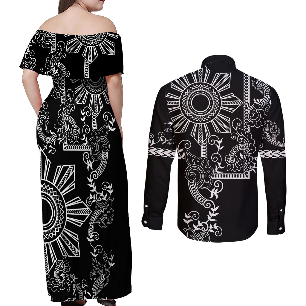 Filipino Sun Tribal Tattoo Couples Matching Off Shoulder Maxi Dress and Long Sleeve Button Shirt Philippines Inspired Barong Simple Black LT9 - Polynesian Pride