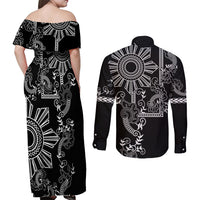 Filipino Sun Tribal Tattoo Couples Matching Off Shoulder Maxi Dress and Long Sleeve Button Shirt Philippines Inspired Barong Simple Black LT9 - Polynesian Pride