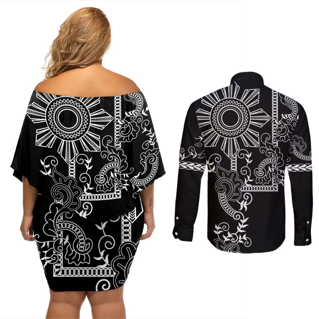 Filipino Sun Tribal Tattoo Couples Matching Off Shoulder Short Dress and Long Sleeve Button Shirt Philippines Inspired Barong Simple Black LT9 - Polynesian Pride