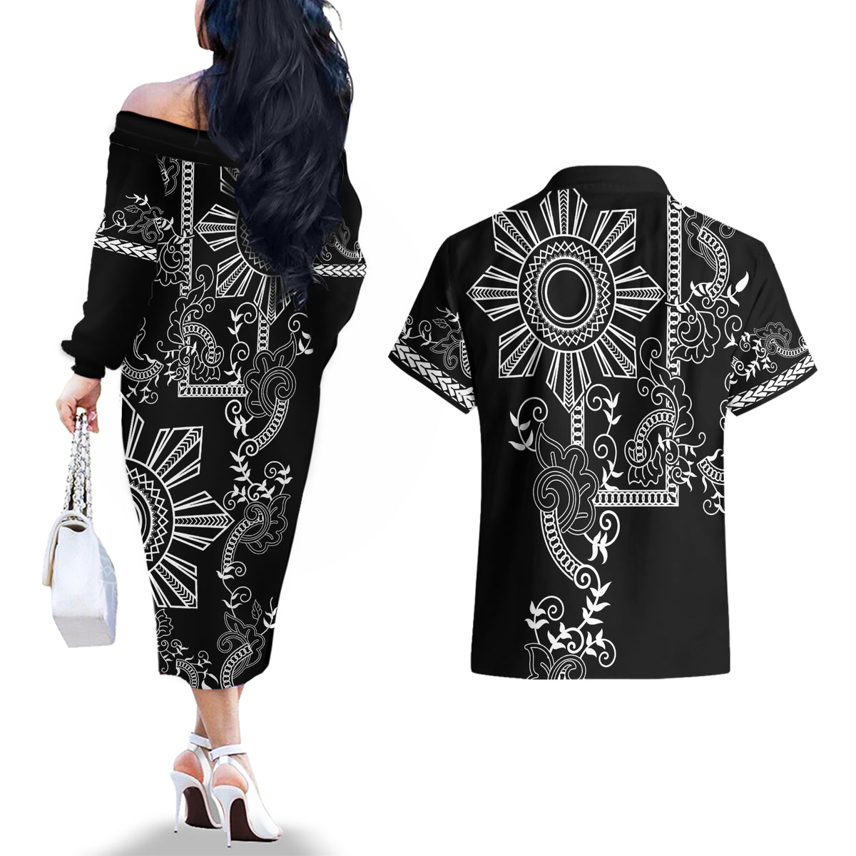Filipino Sun Tribal Tattoo Couples Matching Off The Shoulder Long Sleeve Dress and Hawaiian Shirt Philippines Inspired Barong Simple Black LT9 - Polynesian Pride