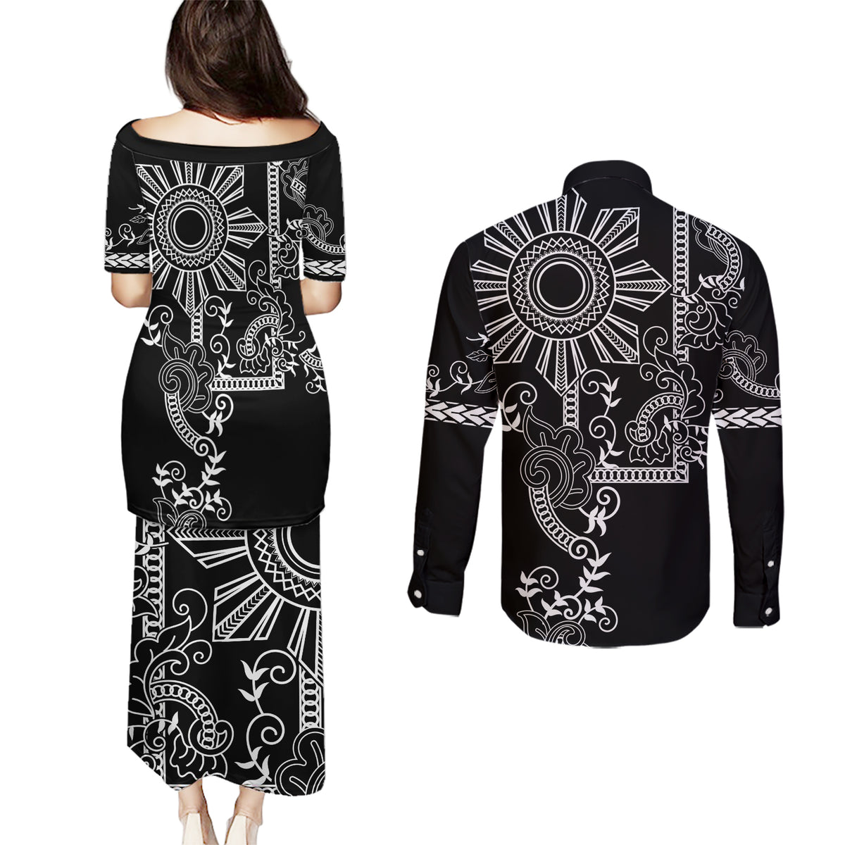 Filipino Sun Tribal Tattoo Couples Matching Puletasi and Long Sleeve Button Shirt Philippines Inspired Barong Simple Black LT9 - Polynesian Pride