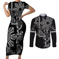 Filipino Sun Tribal Tattoo Couples Matching Short Sleeve Bodycon Dress and Long Sleeve Button Shirt Philippines Inspired Barong Simple Black LT9 Black - Polynesian Pride