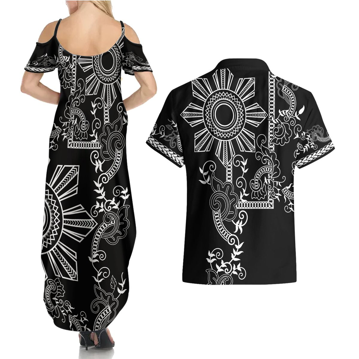 Filipino Sun Tribal Tattoo Couples Matching Summer Maxi Dress and Hawaiian Shirt Philippines Inspired Barong Simple Black LT9 - Polynesian Pride