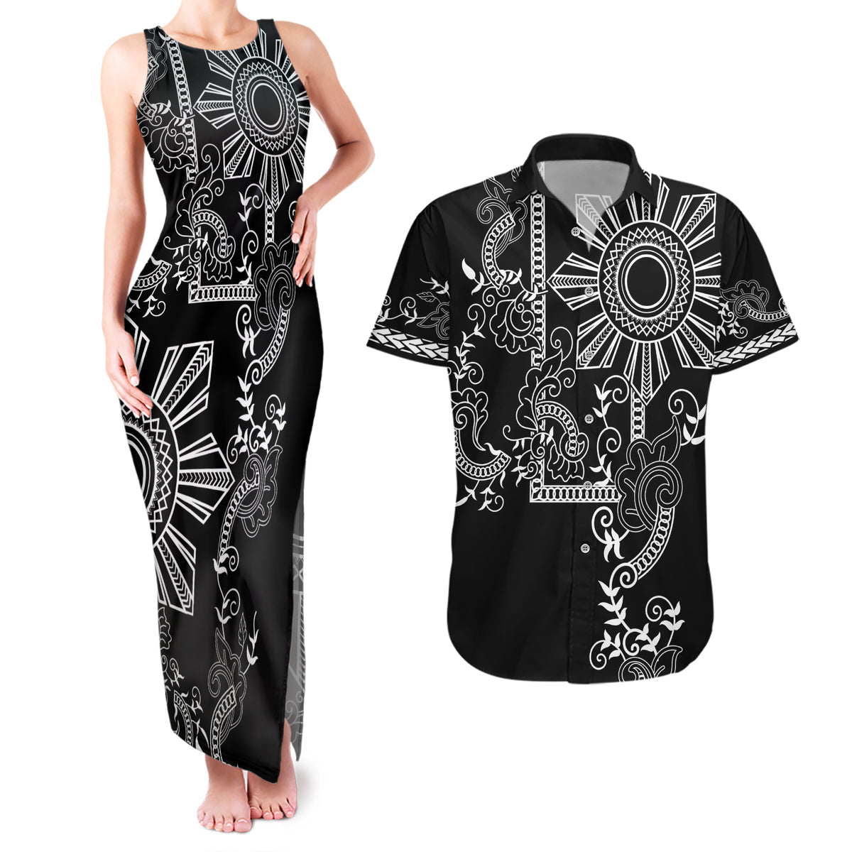 Filipino Sun Tribal Tattoo Couples Matching Tank Maxi Dress and Hawaiian Shirt Philippines Inspired Barong Simple Black LT9 Black - Polynesian Pride