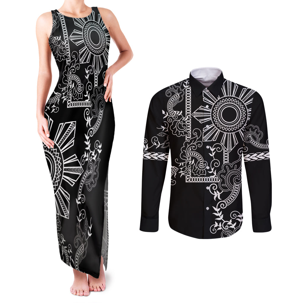 Filipino Sun Tribal Tattoo Couples Matching Tank Maxi Dress and Long Sleeve Button Shirt Philippines Inspired Barong Simple Black LT9 Black - Polynesian Pride