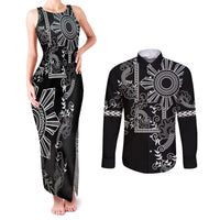 Filipino Sun Tribal Tattoo Couples Matching Tank Maxi Dress and Long Sleeve Button Shirt Philippines Inspired Barong Simple Black LT9 Black - Polynesian Pride