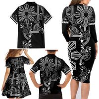 Filipino Sun Tribal Tattoo Family Matching Long Sleeve Bodycon Dress and Hawaiian Shirt Philippines Inspired Barong Simple Black LT9 - Polynesian Pride