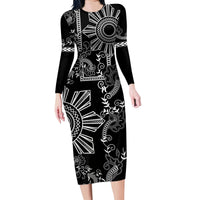 Filipino Sun Tribal Tattoo Family Matching Long Sleeve Bodycon Dress and Hawaiian Shirt Philippines Inspired Barong Simple Black LT9 Mom's Dress Black - Polynesian Pride