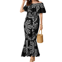 Filipino Sun Tribal Tattoo Family Matching Mermaid Dress and Hawaiian Shirt Philippines Inspired Barong Simple Black LT9 Mom's Dress Black - Polynesian Pride