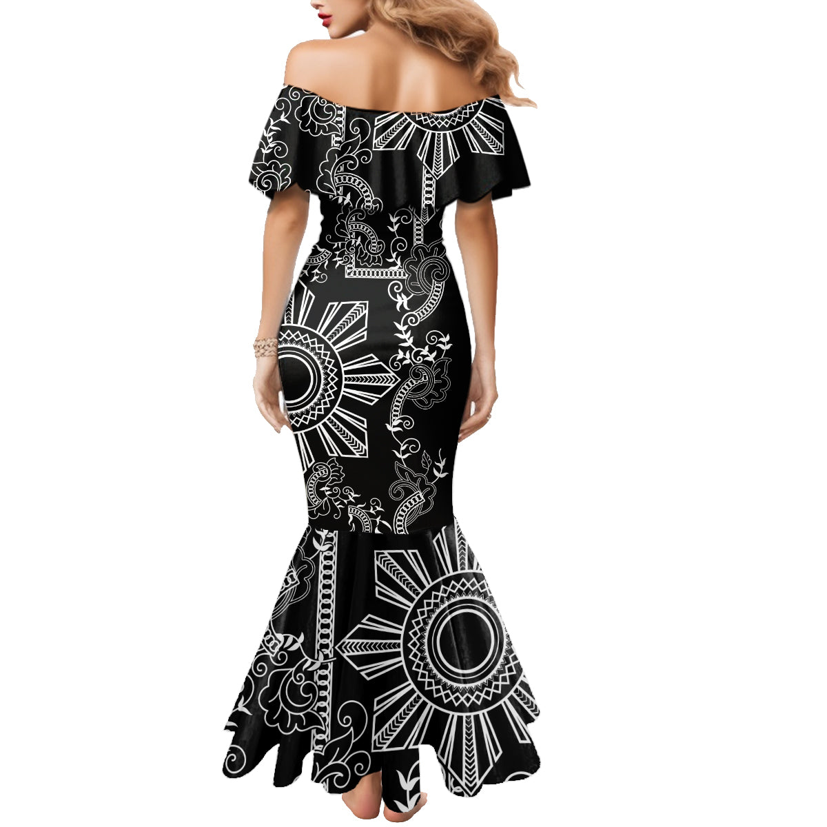 Filipino Sun Tribal Tattoo Family Matching Mermaid Dress and Hawaiian Shirt Philippines Inspired Barong Simple Black LT9 - Polynesian Pride
