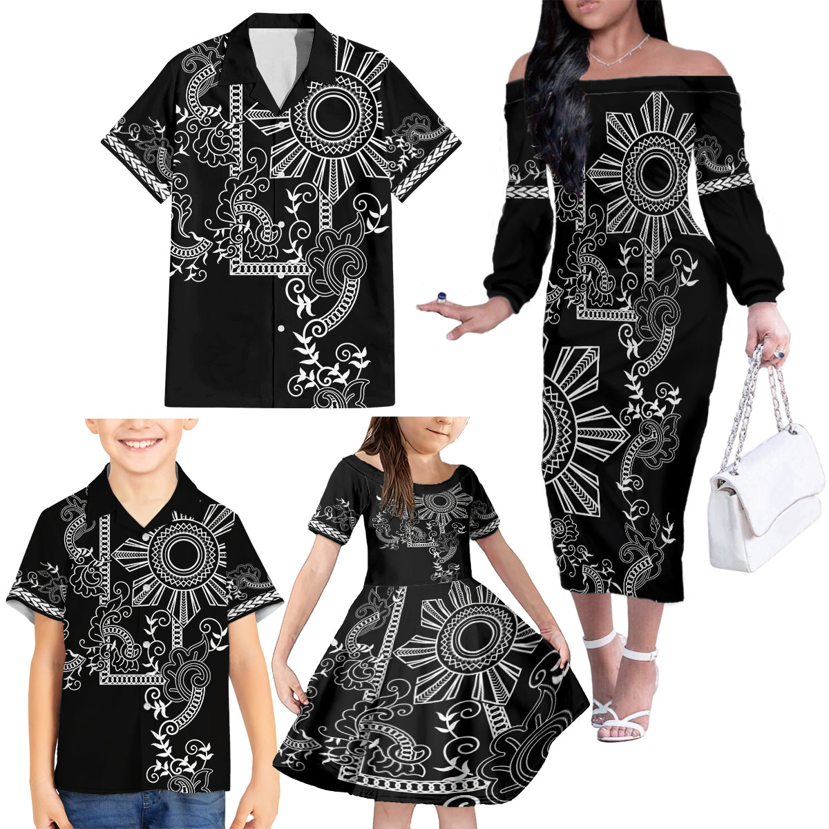 Filipino Sun Tribal Tattoo Family Matching Off The Shoulder Long Sleeve Dress and Hawaiian Shirt Philippines Inspired Barong Simple Black LT9 - Polynesian Pride