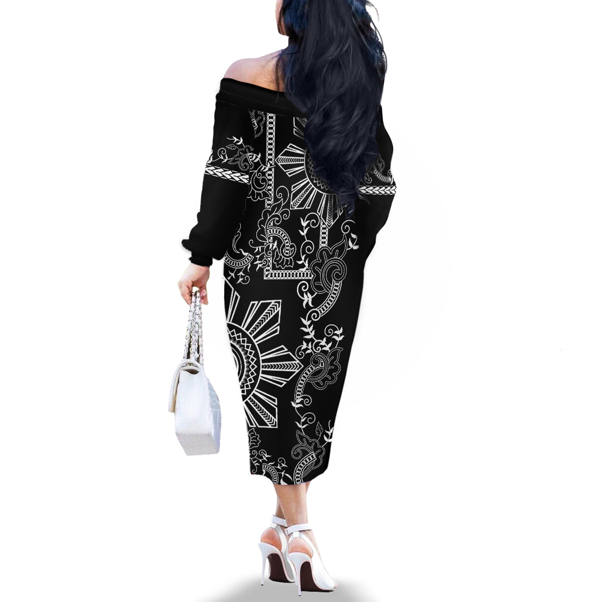 Filipino Sun Tribal Tattoo Family Matching Off The Shoulder Long Sleeve Dress and Hawaiian Shirt Philippines Inspired Barong Simple Black LT9 - Polynesian Pride