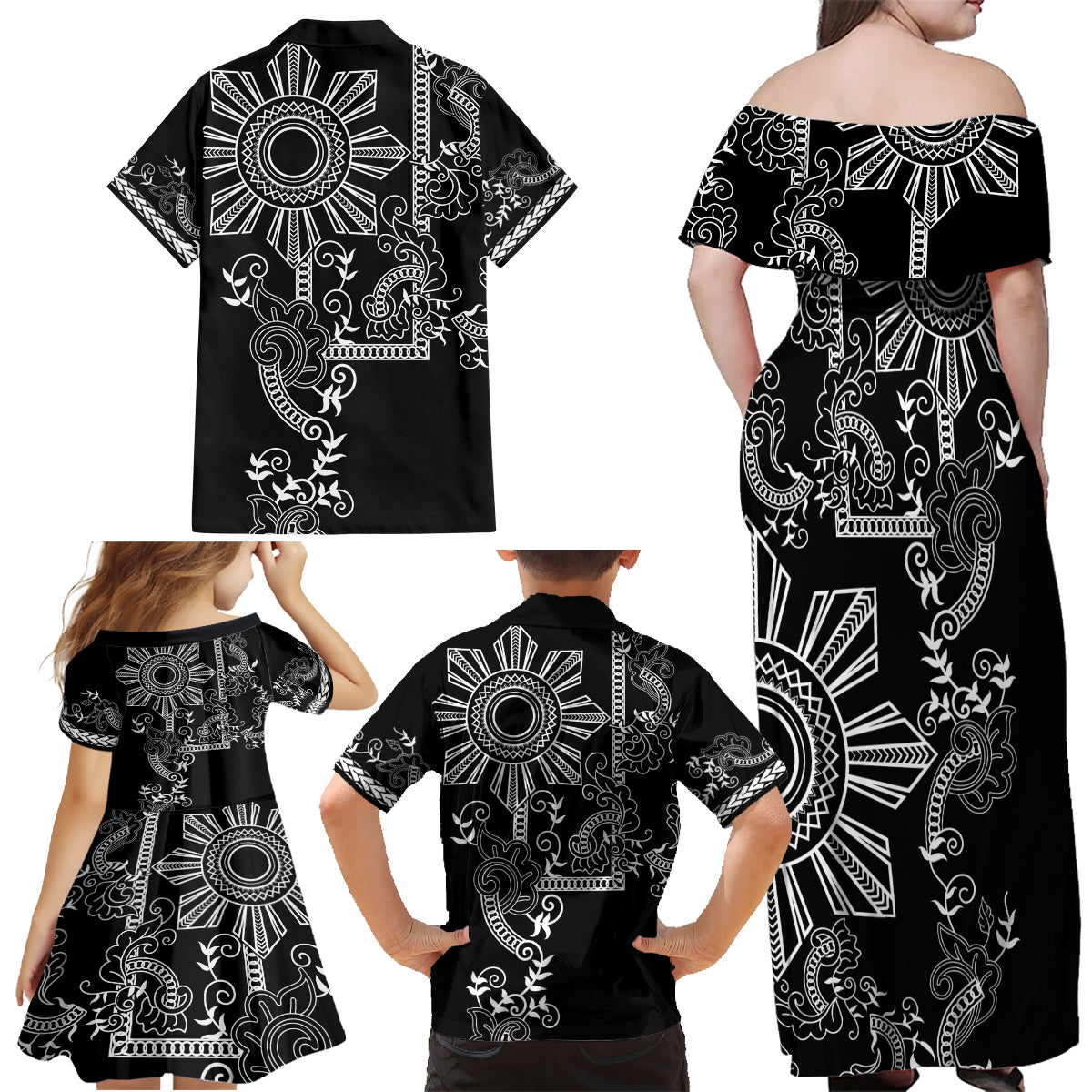 Filipino Sun Tribal Tattoo Family Matching Off Shoulder Maxi Dress and Hawaiian Shirt Philippines Inspired Barong Simple Black LT9 - Polynesian Pride