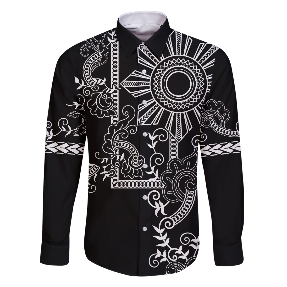 Filipino Sun Tribal Tattoo Family Matching Off Shoulder Maxi Dress and Hawaiian Shirt Philippines Inspired Barong Simple Black LT9 Dad's Shirt - Long Sleeve Black - Polynesian Pride