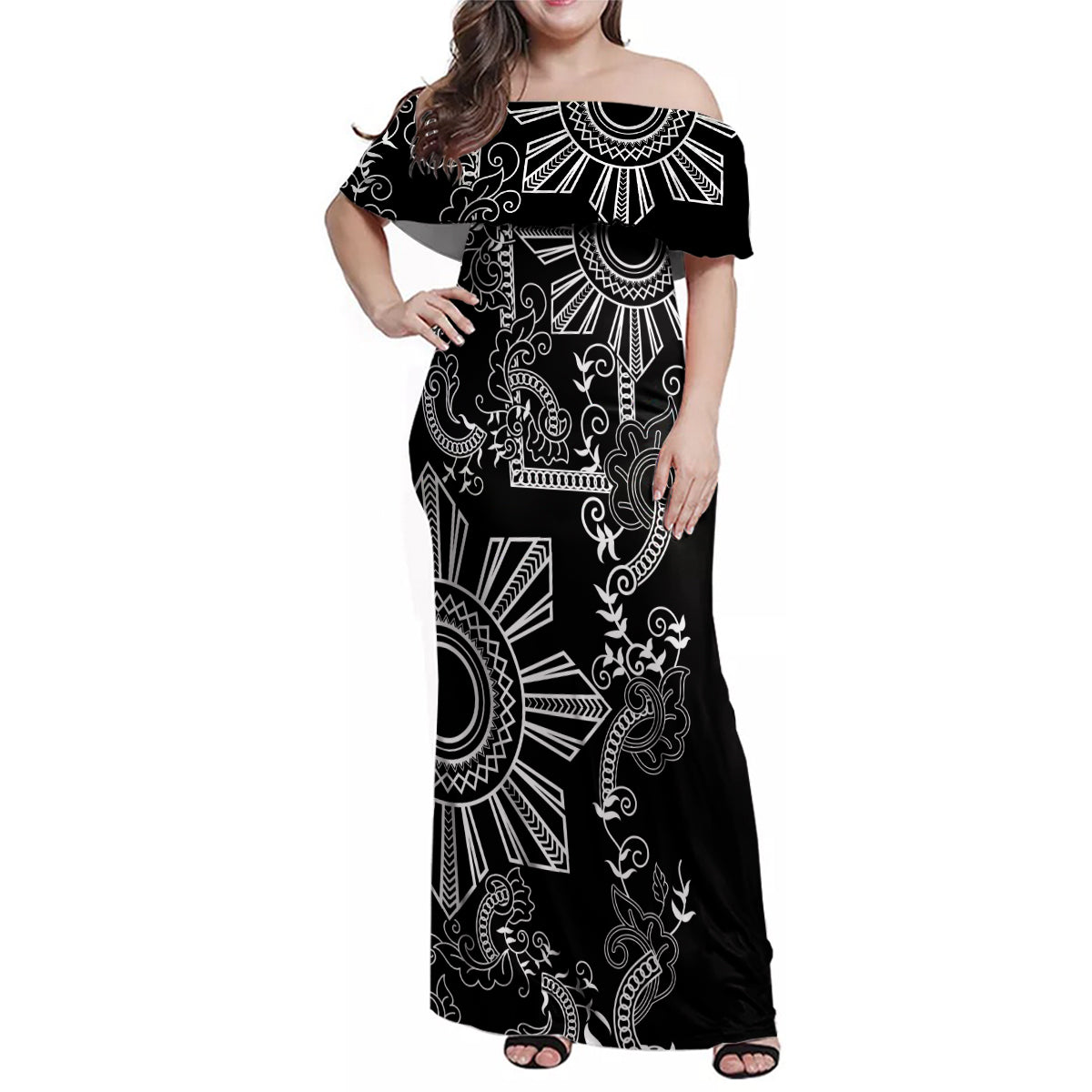 Filipino Sun Tribal Tattoo Family Matching Off Shoulder Maxi Dress and Hawaiian Shirt Philippines Inspired Barong Simple Black LT9 Mom's Dress Black - Polynesian Pride