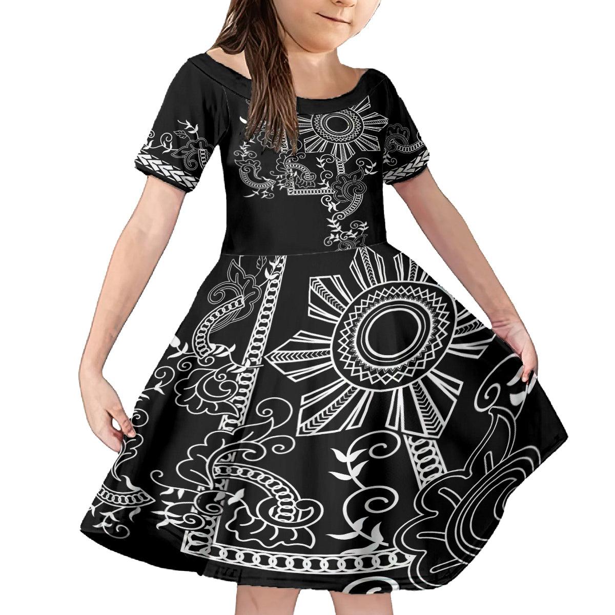 Filipino Sun Tribal Tattoo Family Matching Off Shoulder Short Dress and Hawaiian Shirt Philippines Inspired Barong Simple Black LT9 Daughter's Dress Black - Polynesian Pride