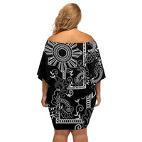 Filipino Sun Tribal Tattoo Family Matching Off Shoulder Short Dress and Hawaiian Shirt Philippines Inspired Barong Simple Black LT9 - Polynesian Pride