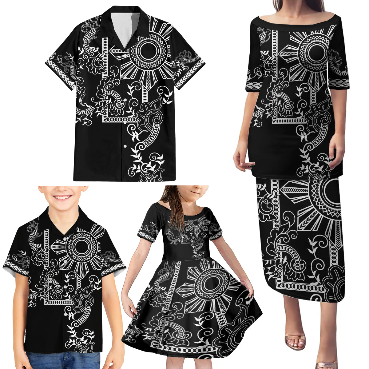 Filipino Sun Tribal Tattoo Family Matching Puletasi and Hawaiian Shirt Philippines Inspired Barong Simple Black LT9 - Polynesian Pride