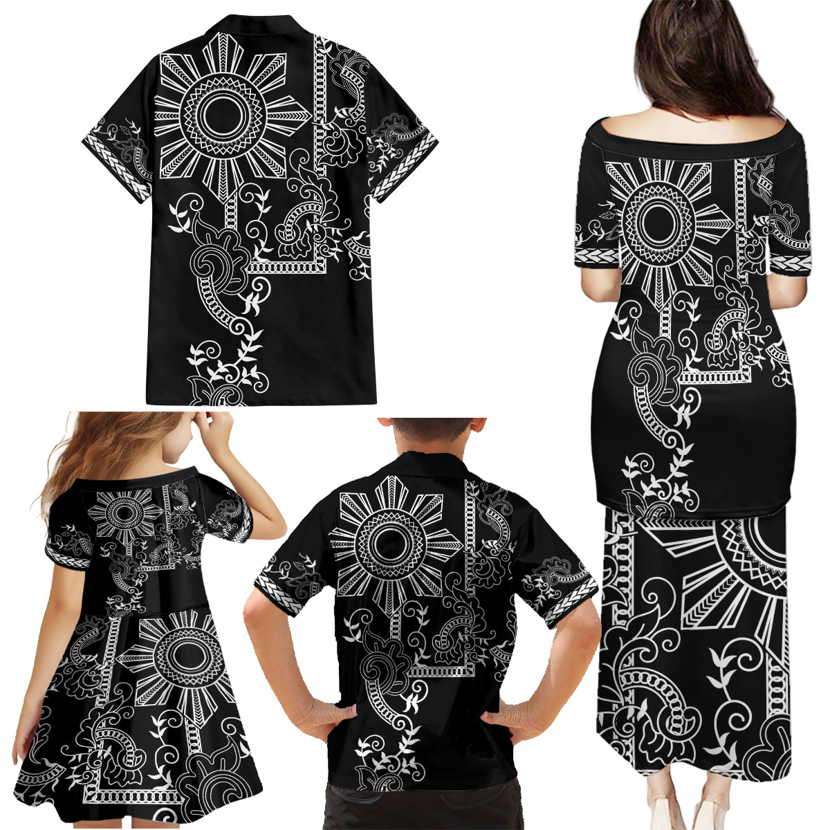 Filipino Sun Tribal Tattoo Family Matching Puletasi and Hawaiian Shirt Philippines Inspired Barong Simple Black LT9 - Polynesian Pride