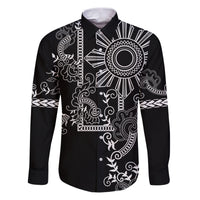 Filipino Sun Tribal Tattoo Family Matching Puletasi and Hawaiian Shirt Philippines Inspired Barong Simple Black LT9 Dad's Shirt - Long Sleeve Black - Polynesian Pride
