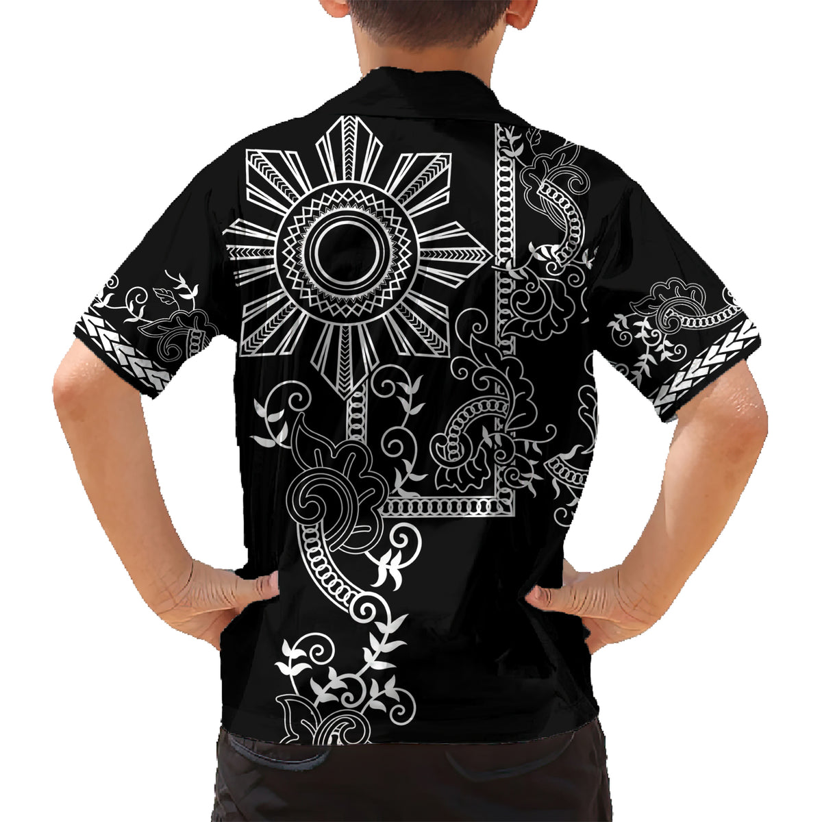 Filipino Sun Tribal Tattoo Family Matching Short Sleeve Bodycon Dress and Hawaiian Shirt Philippines Inspired Barong Simple Black LT9 - Polynesian Pride