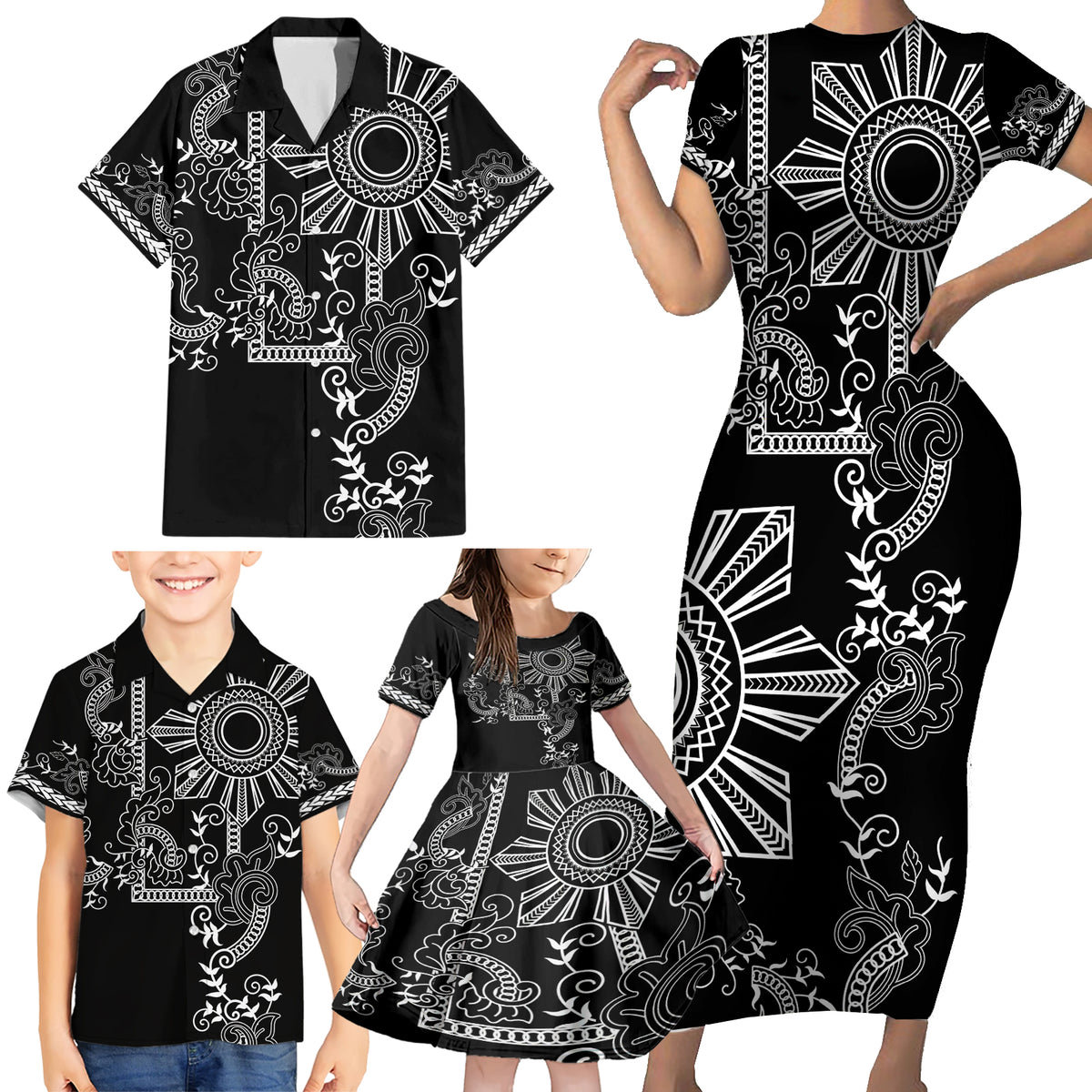 Filipino Sun Tribal Tattoo Family Matching Short Sleeve Bodycon Dress and Hawaiian Shirt Philippines Inspired Barong Simple Black LT9 - Polynesian Pride