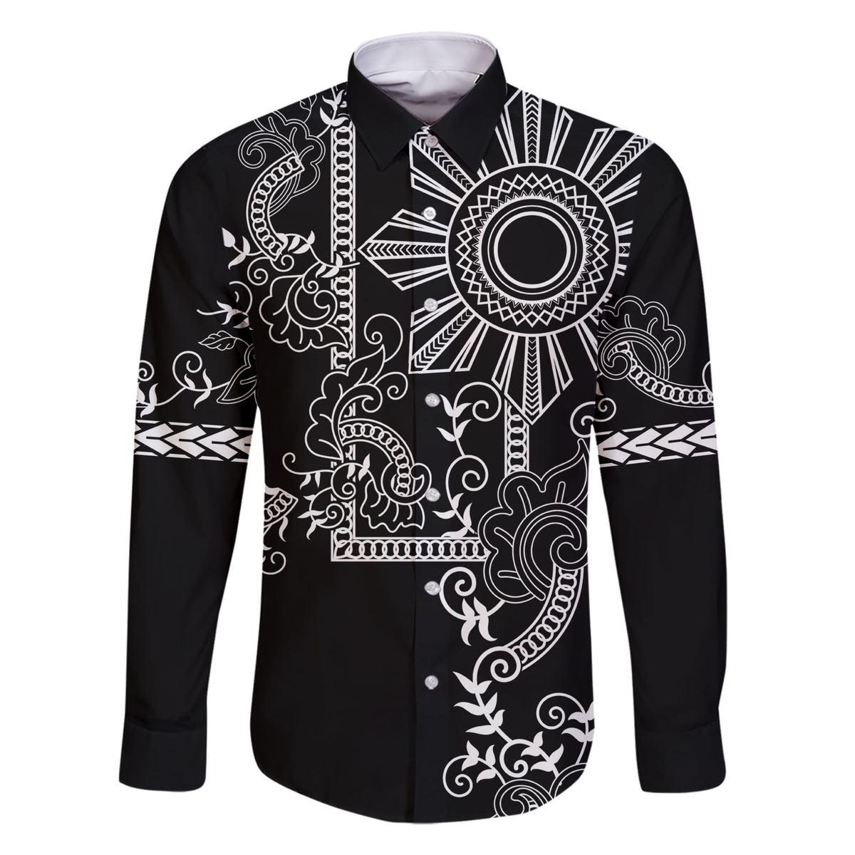 Filipino Sun Tribal Tattoo Family Matching Short Sleeve Bodycon Dress and Hawaiian Shirt Philippines Inspired Barong Simple Black LT9 Dad's Shirt - Long Sleeve Black - Polynesian Pride