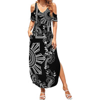 Filipino Sun Tribal Tattoo Family Matching Summer Maxi Dress and Hawaiian Shirt Philippines Inspired Barong Simple Black LT9 Mom's Dress Black - Polynesian Pride