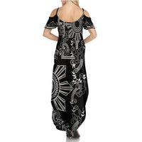 Filipino Sun Tribal Tattoo Family Matching Summer Maxi Dress and Hawaiian Shirt Philippines Inspired Barong Simple Black LT9 - Polynesian Pride