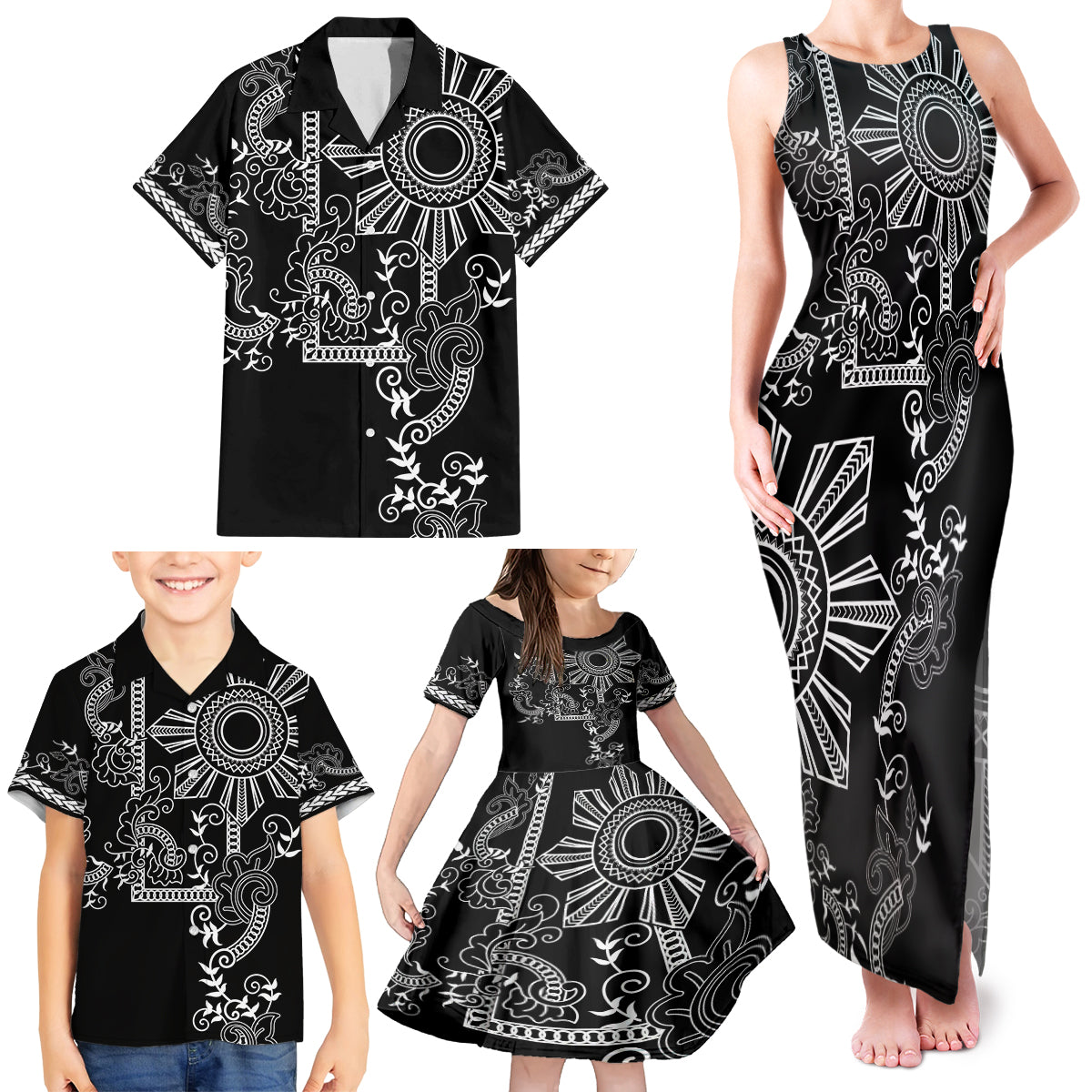 Filipino Sun Tribal Tattoo Family Matching Tank Maxi Dress and Hawaiian Shirt Philippines Inspired Barong Simple Black LT9 - Polynesian Pride
