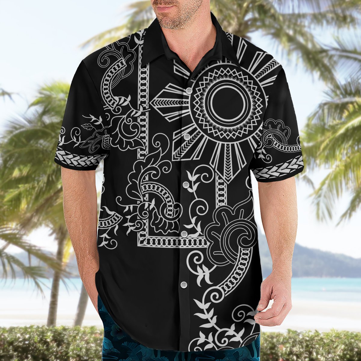 Filipino Sun Tribal Tattoo Hawaiian Shirt Philippines Inspired Barong Simple Black LT9 - Polynesian Pride