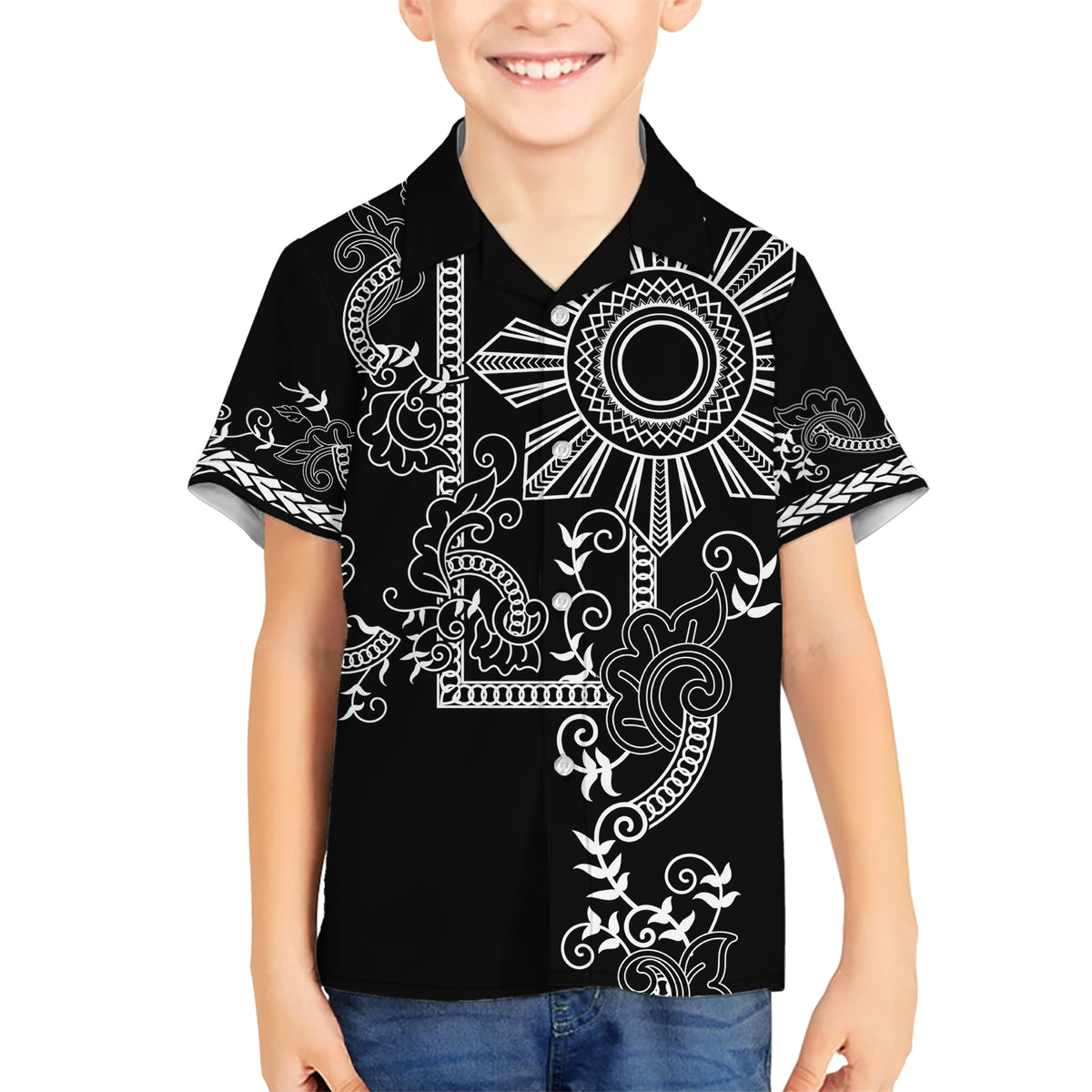 Filipino Sun Tribal Tattoo Kid Hawaiian Shirt Philippines Inspired Barong Simple Black LT9 Kid Black - Polynesian Pride
