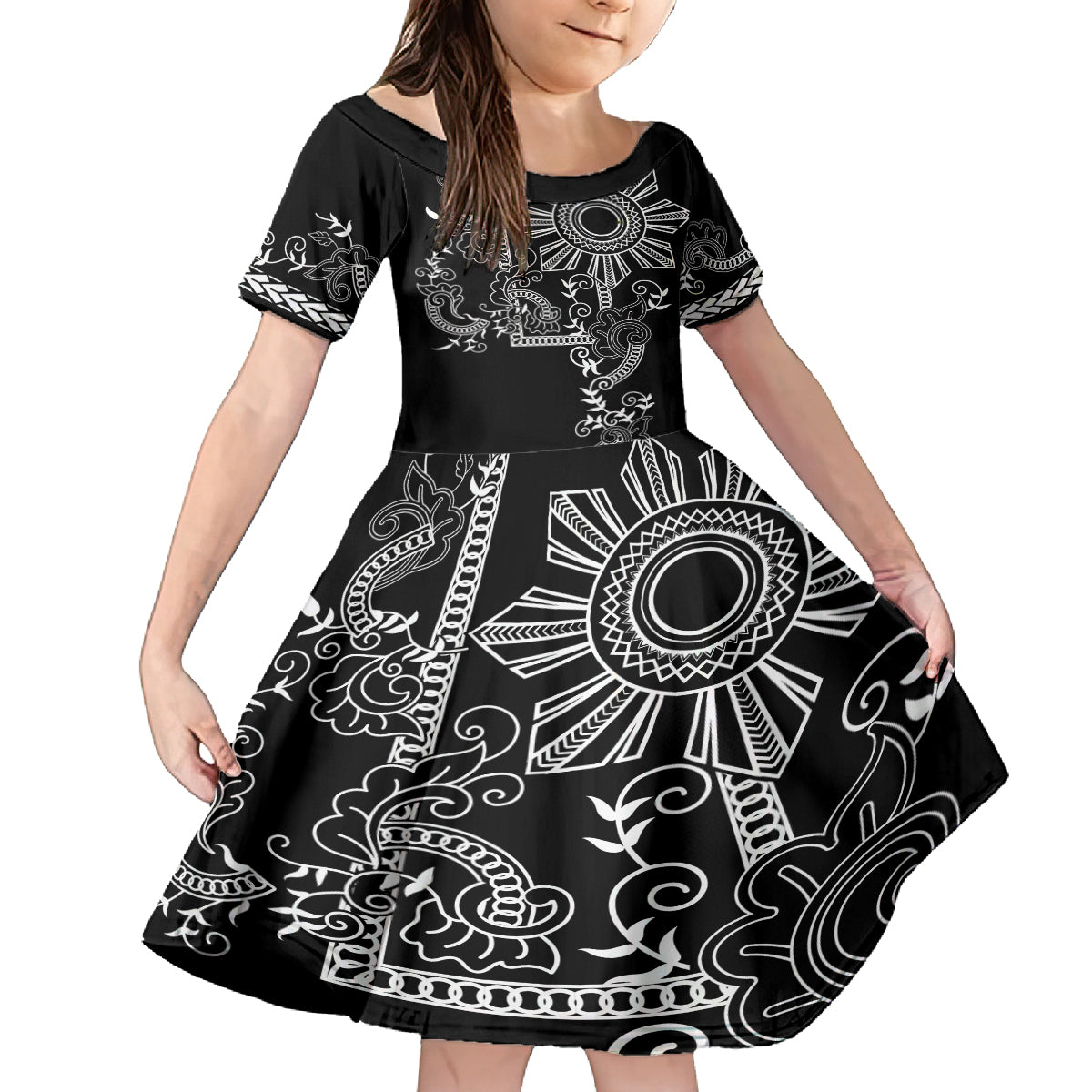 Filipino Sun Tribal Tattoo Kid Short Sleeve Dress Philippines Inspired Barong Simple Black LT9 KID Black - Polynesian Pride