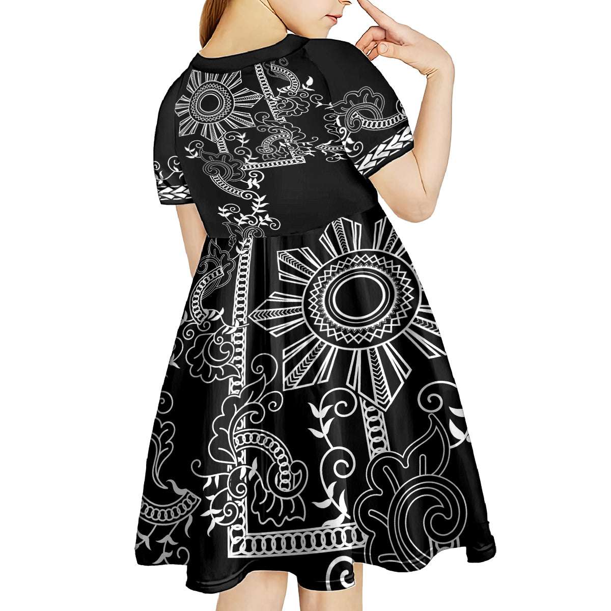 Filipino Sun Tribal Tattoo Kid Short Sleeve Dress Philippines Inspired Barong Simple Black LT9 - Polynesian Pride