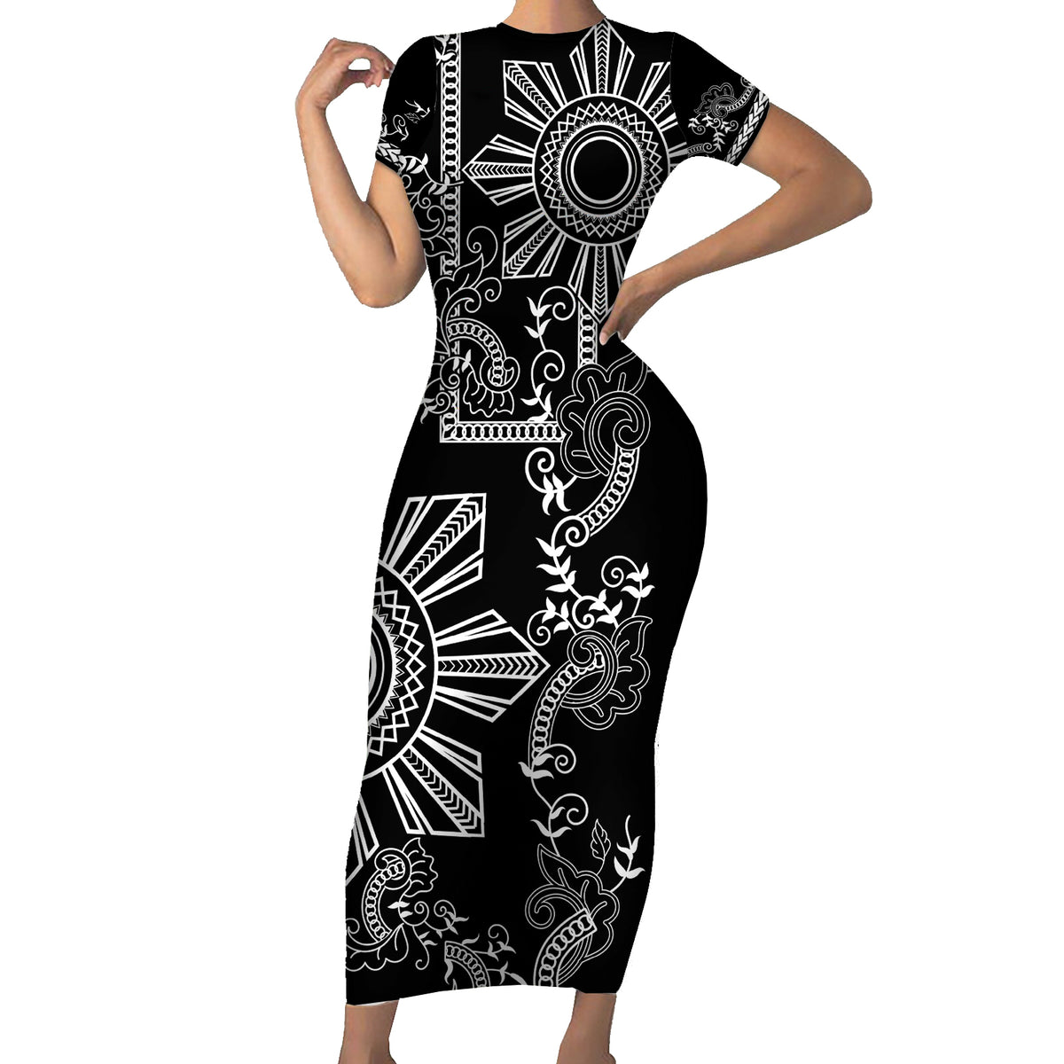 Filipino Sun Tribal Tattoo Short Sleeve Bodycon Dress Philippines Inspired Barong Simple Black LT9 Long Dress Black - Polynesian Pride