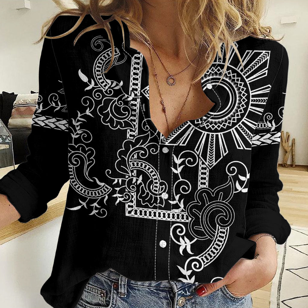 Filipino Sun Tribal Tattoo Women Casual Shirt Philippines Inspired Barong Simple Black LT9 Female Black - Polynesian Pride