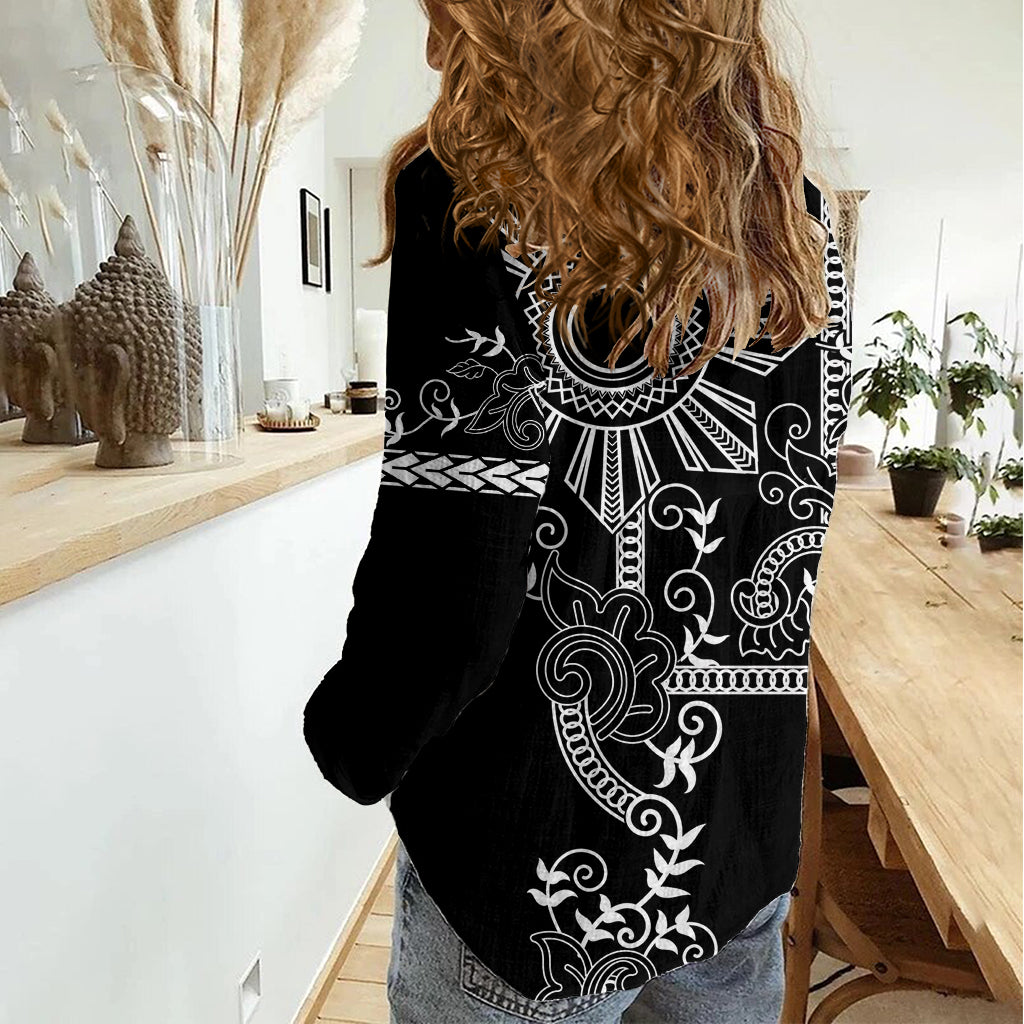 Filipino Sun Tribal Tattoo Women Casual Shirt Philippines Inspired Barong Simple Black LT9 - Polynesian Pride