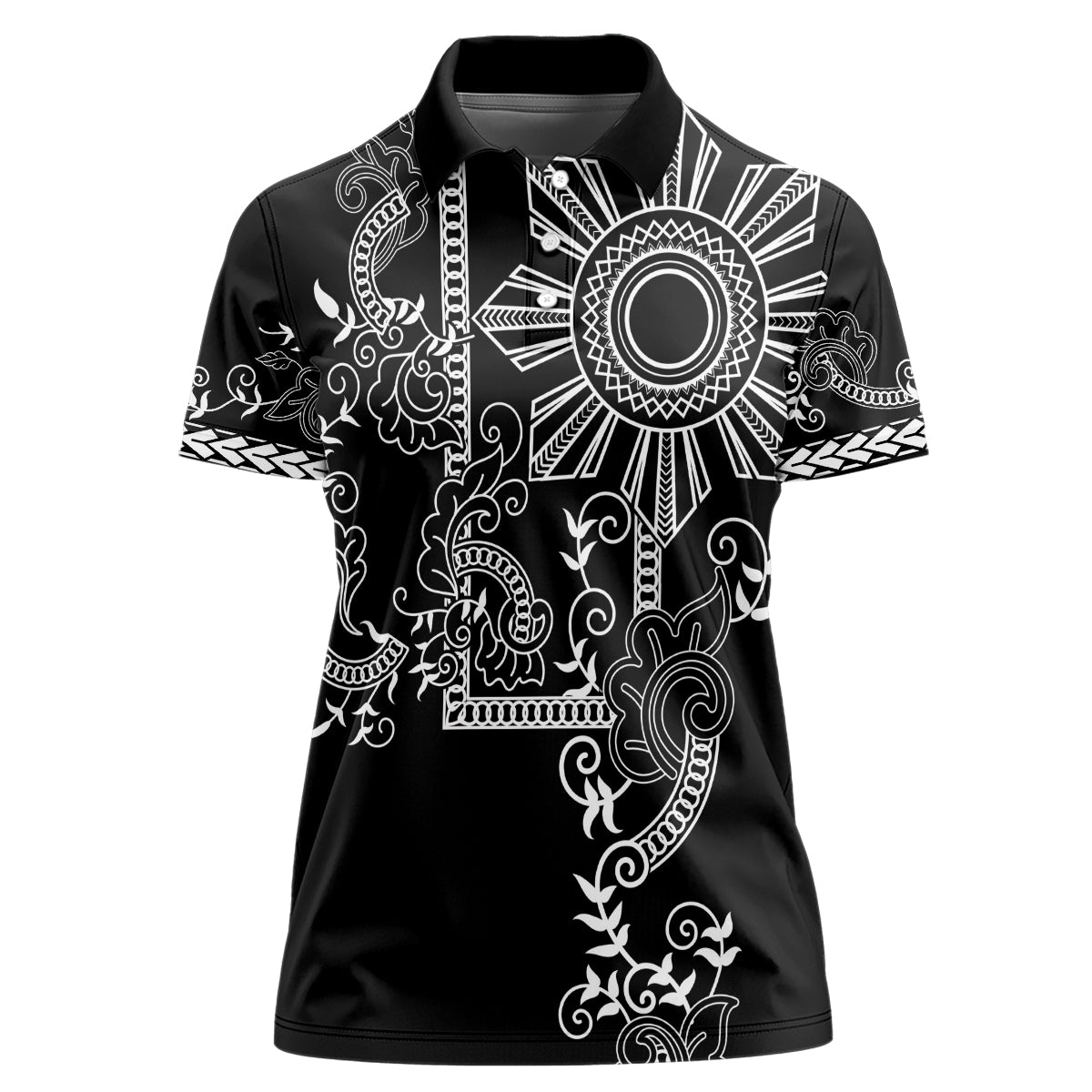 Filipino Sun Tribal Tattoo Women Polo Shirt Philippines Inspired Barong Simple Black LT9 Female Black - Polynesian Pride