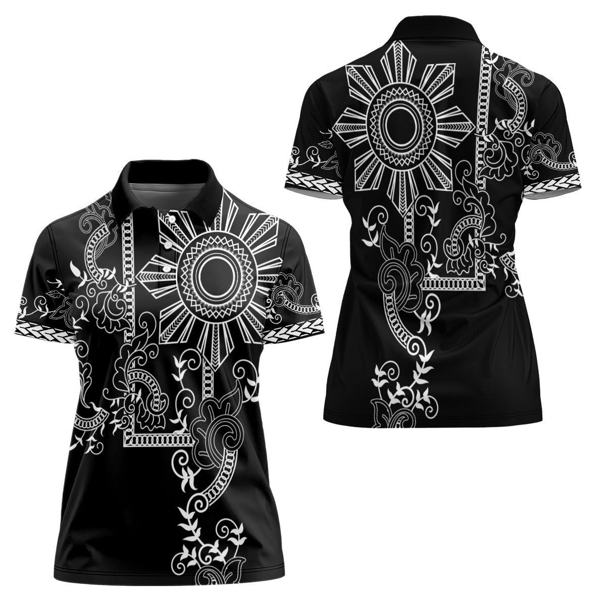 Filipino Sun Tribal Tattoo Women Polo Shirt Philippines Inspired Barong Simple Black LT9 - Polynesian Pride