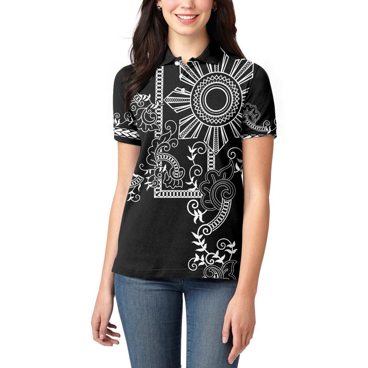 Filipino Sun Tribal Tattoo Women Polo Shirt Philippines Inspired Barong Simple Black LT9 - Polynesian Pride