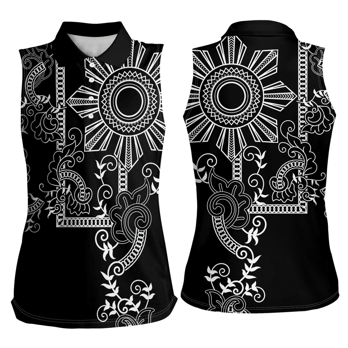 Filipino Sun Tribal Tattoo Women Sleeveless Polo Shirt Philippines Inspired Barong Simple Black LT9 - Polynesian Pride