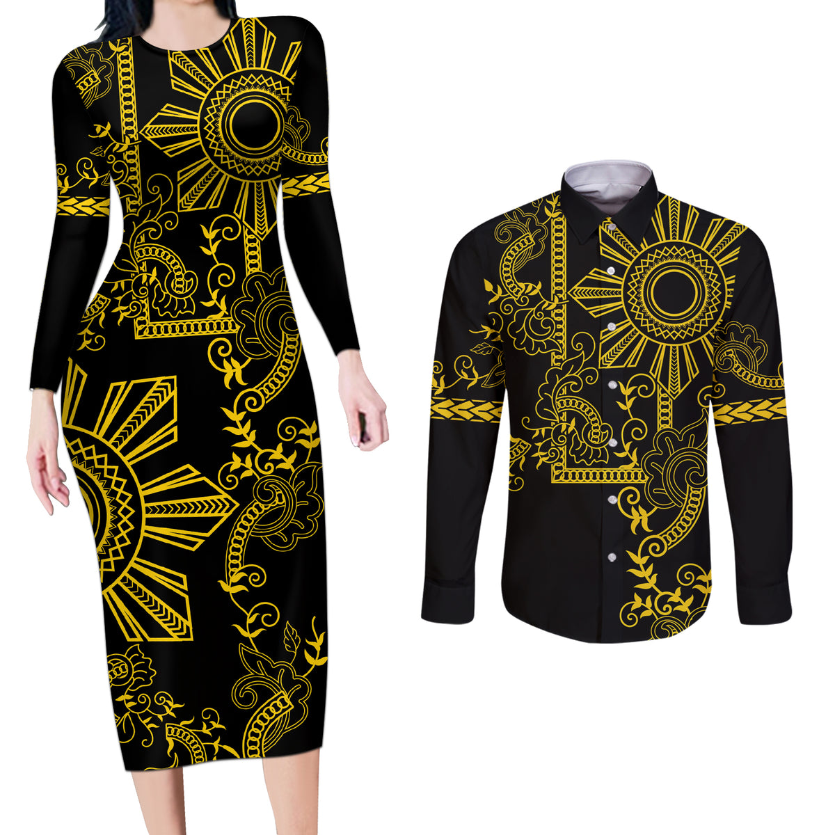 Filipino Sun Tribal Tattoo Couples Matching Long Sleeve Bodycon Dress and Long Sleeve Button Shirt Philippines Inspired Barong Simple Gold LT9 Gold - Polynesian Pride
