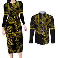 Filipino Sun Tribal Tattoo Couples Matching Long Sleeve Bodycon Dress and Long Sleeve Button Shirt Philippines Inspired Barong Simple Gold LT9 Gold - Polynesian Pride