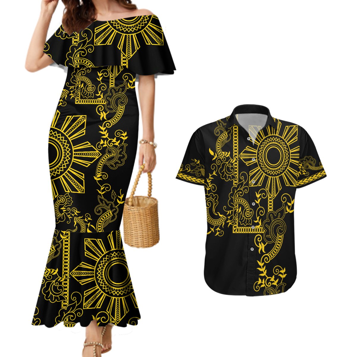 Filipino Sun Tribal Tattoo Couples Matching Mermaid Dress and Hawaiian Shirt Philippines Inspired Barong Simple Gold